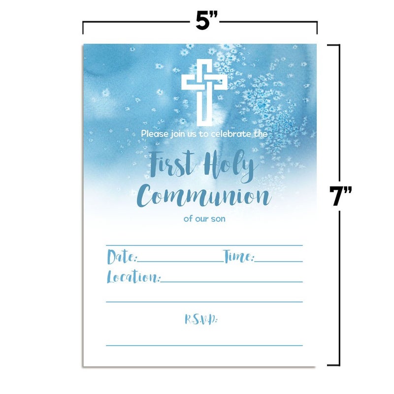 Amanda Creation Blue Watercolor First Holy Communion Religious Party Invitations for Boys, 20 5x7 Fill In Cards with Twenty White Envelopes by AmandaCreation - Image 5